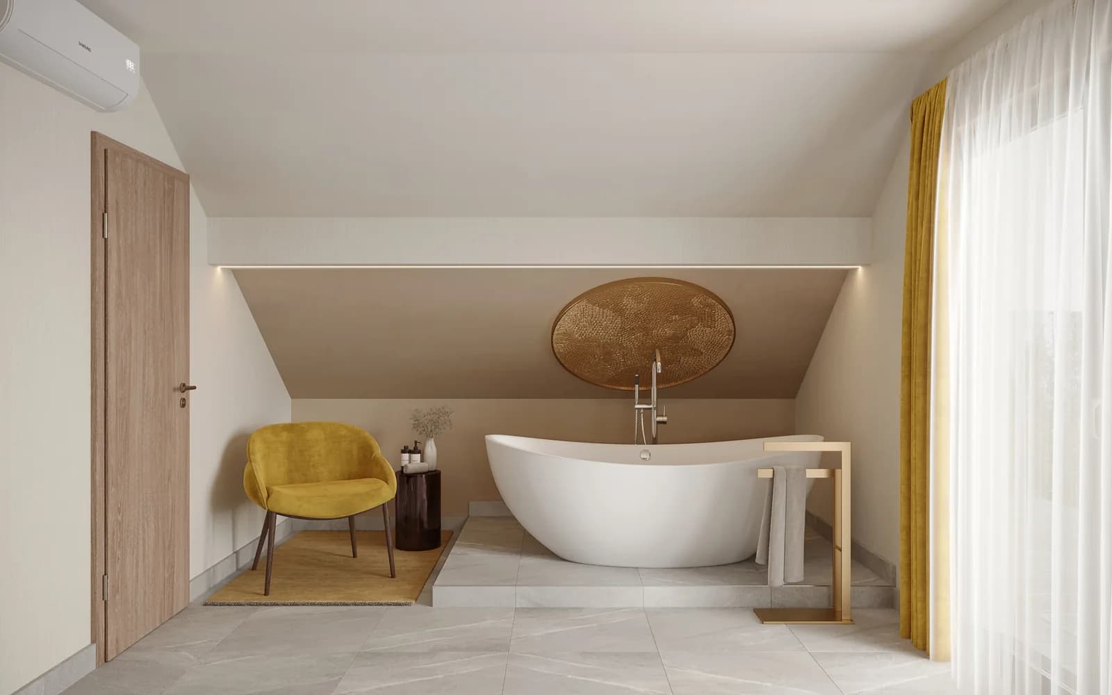 Freestanding bathtub in the sleeping area of the Gold Room