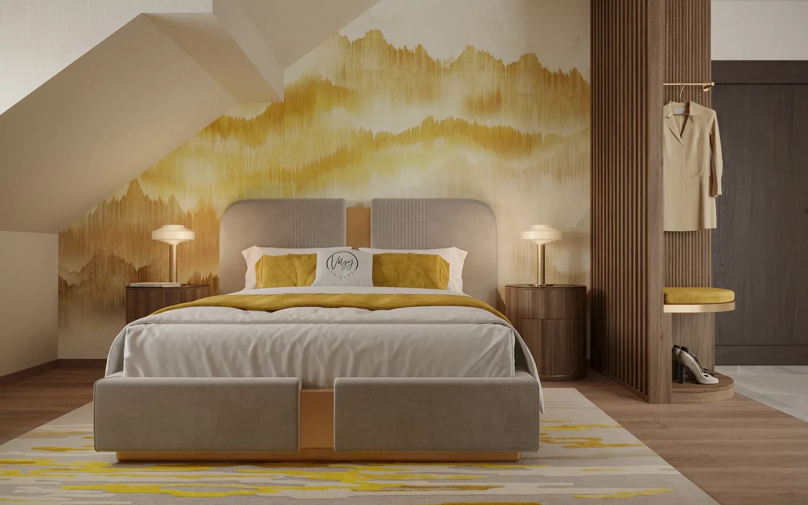 Attic-level Gold Room decorated in warm golden tones