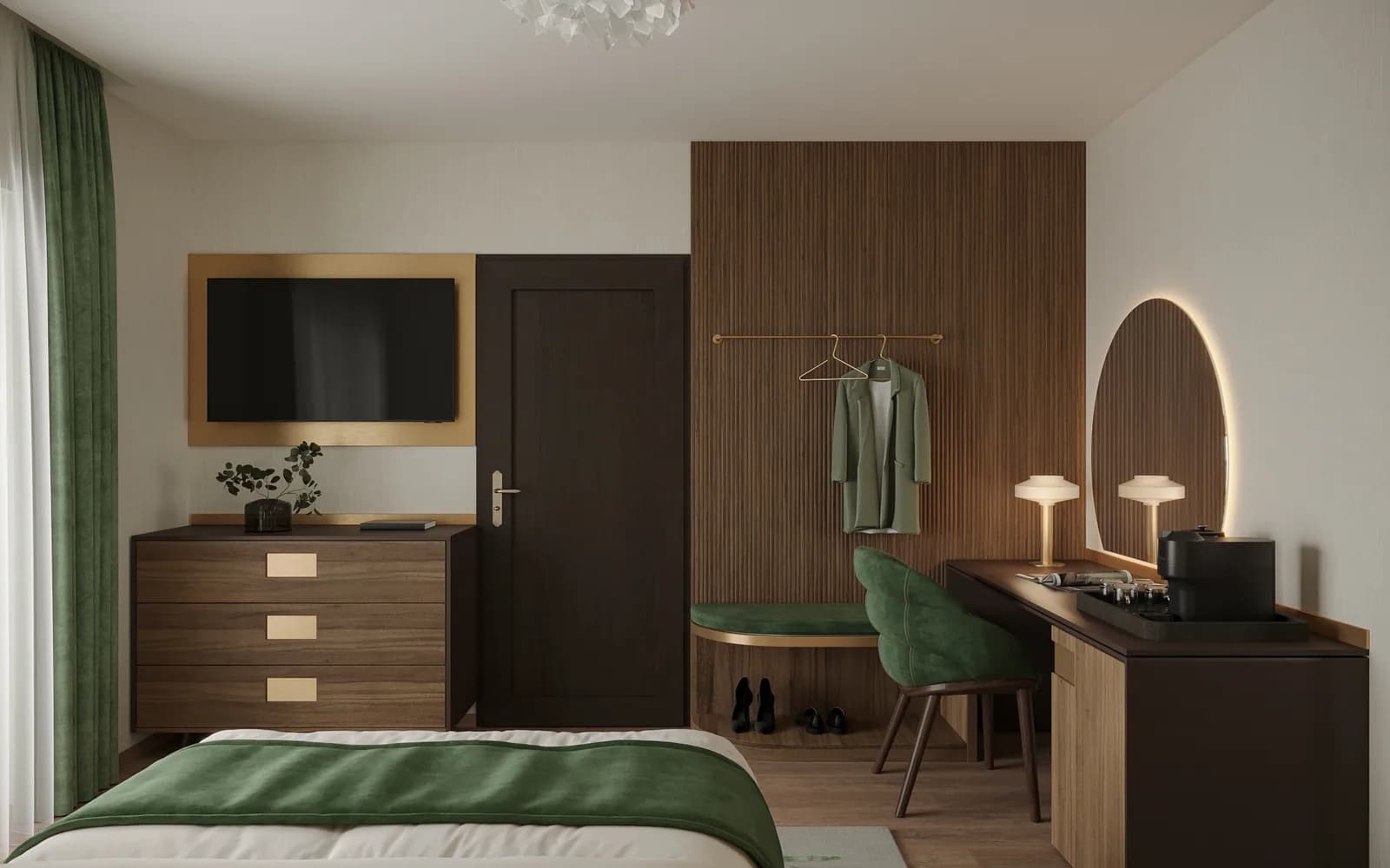 Natural green details and the sitting area in the Green Room