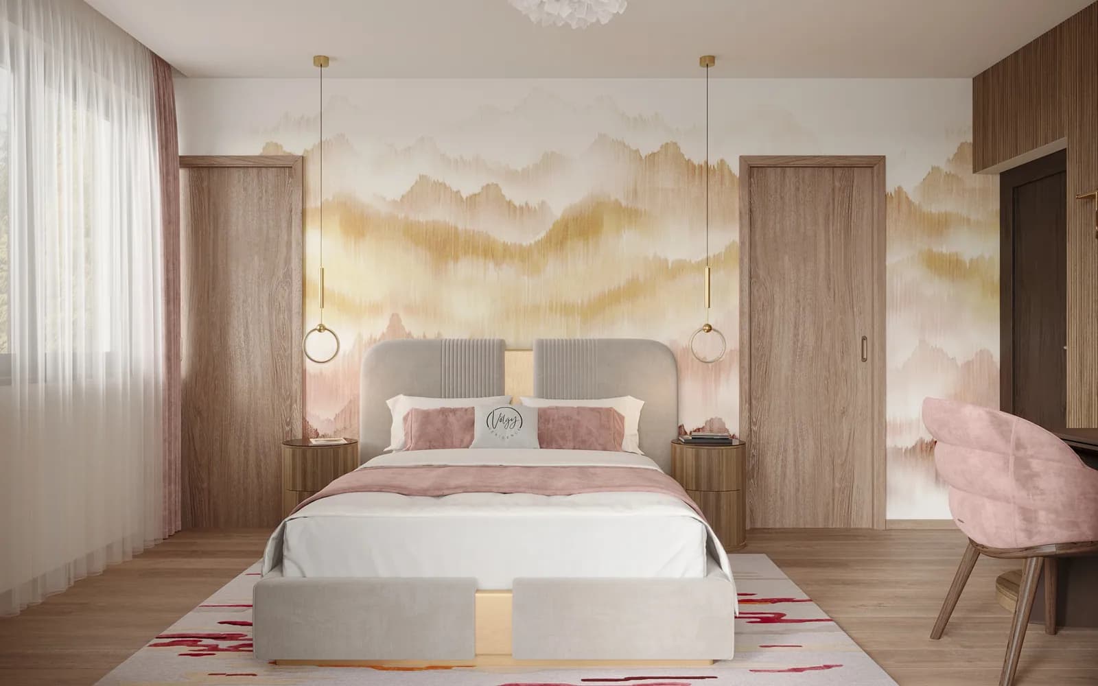 Double bed in the Pink Room with soft pastel pink details
