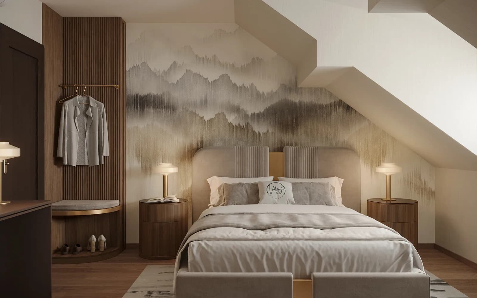 Attic-level Silver Room decorated in understated grey tones